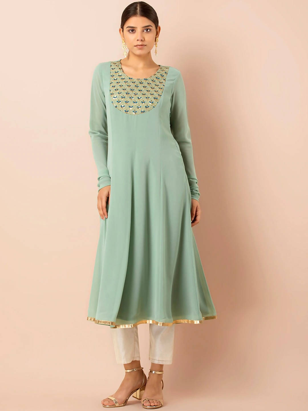 Indya Green Embroidered A-Line Kurta - Distacart