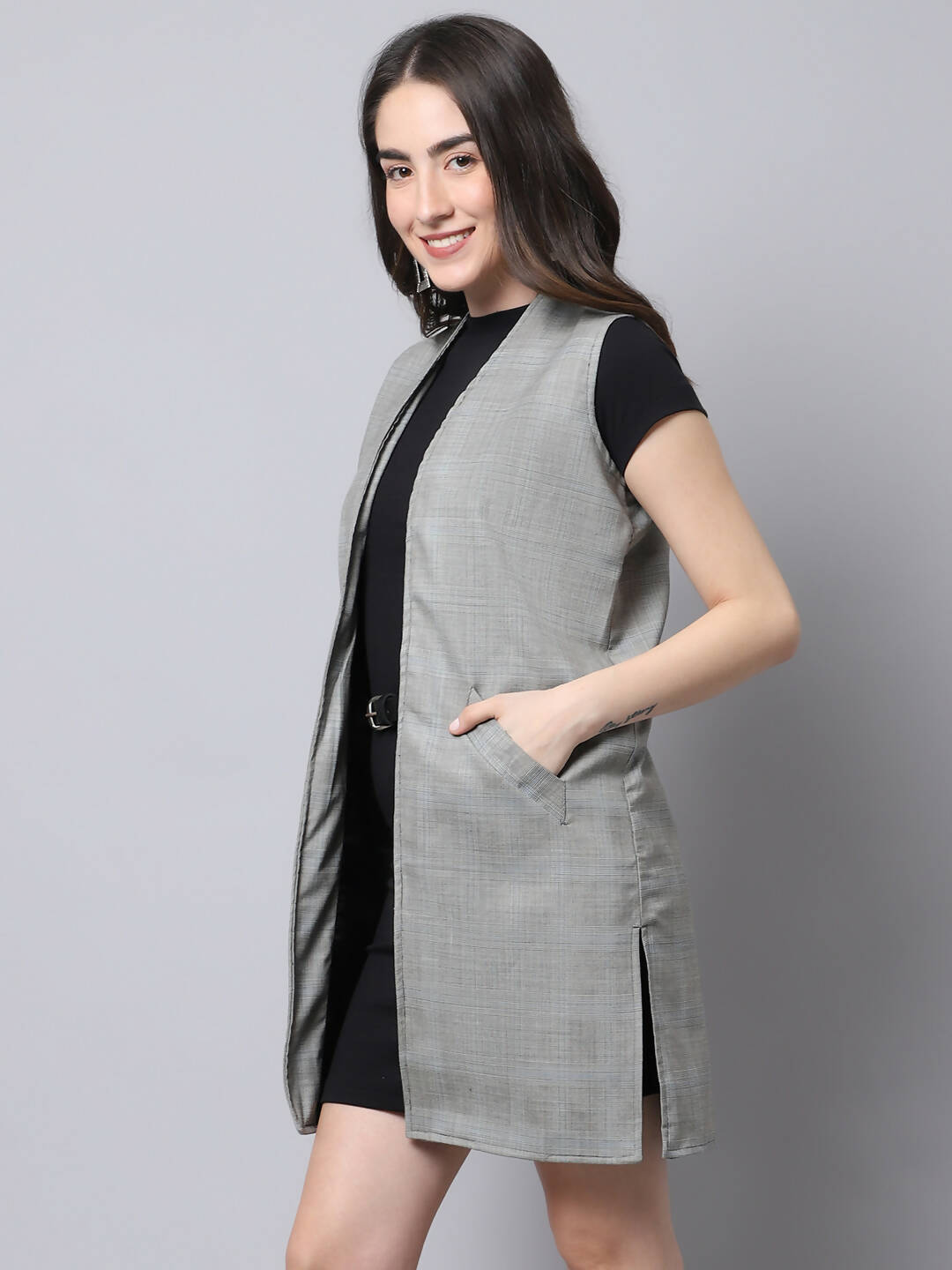 Even Apparels Grey Polywool Open Front Checked Women's Long Coat - Distacart