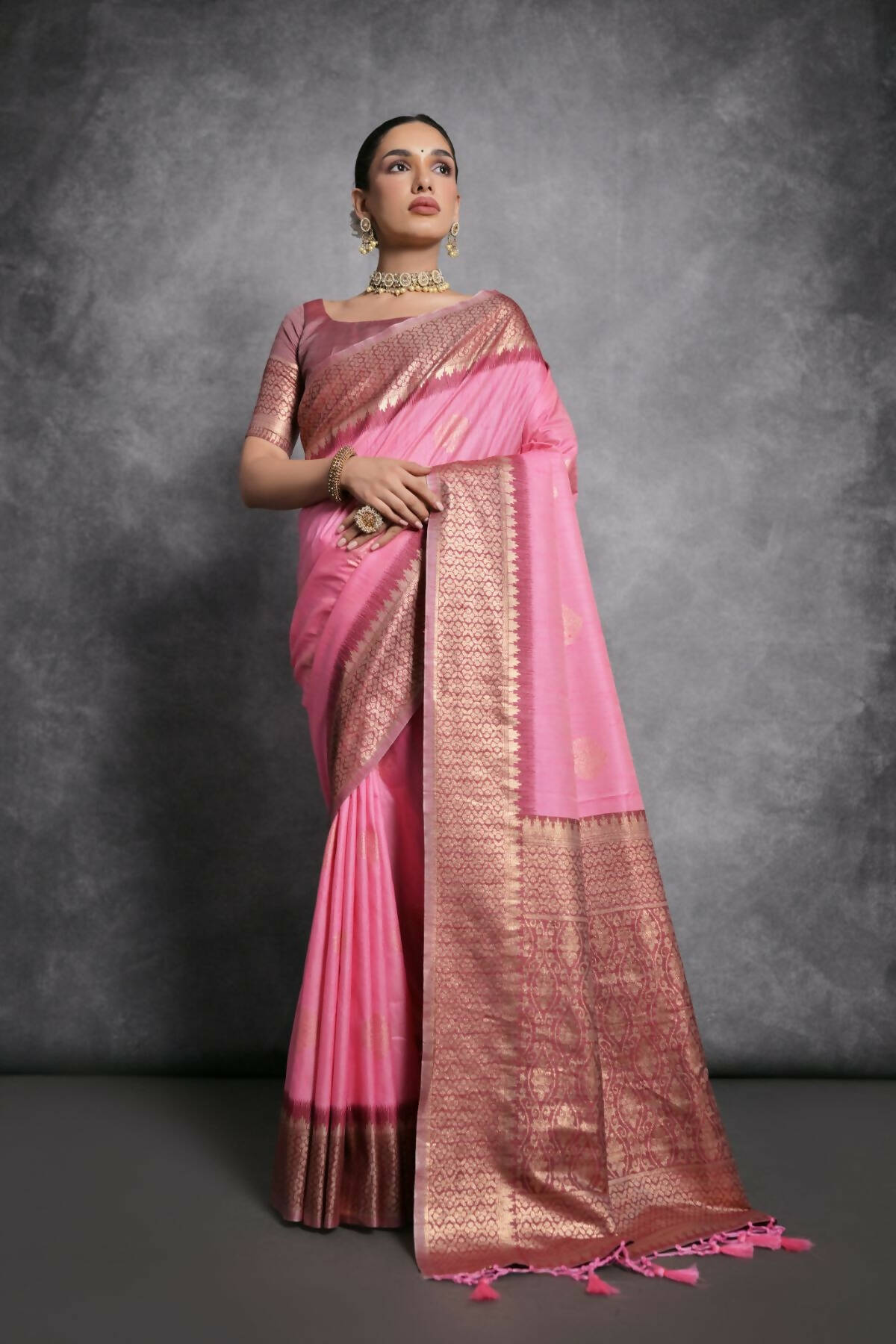 Vishnu Weaves Women's Baby-Pink Tussar Silk Zari Woven Saree with Blouse - Distacart