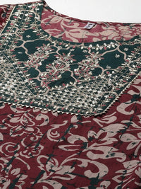 Thumbnail for Yufta Women Mauve & Green Ethnic Motifs Printed Sequined Cotton Kurta Set & Dupatta