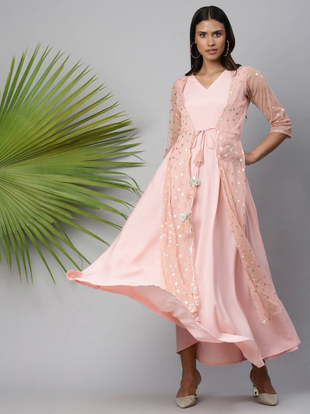 Ahalyaa Women Pink Crepe & Net Foil Print Dress - Distacart