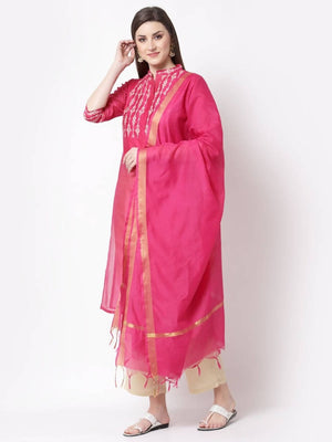 Myshka Pink Color Chanderi silk Printed Kurta With Pant Dupatta Set
