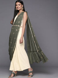 Thumbnail for Ahalyaa Off White & Olive Green Ethnic Maxi Dress with Attached Dupatta - Distacart