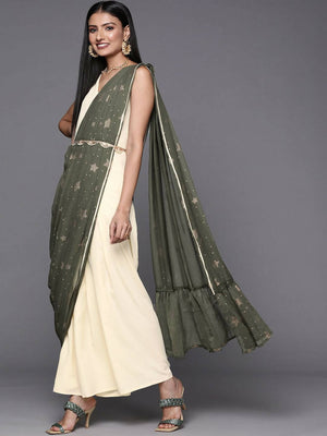 Ahalyaa Off White & Olive Green Ethnic Maxi Dress with Attached Dupatta - Distacart