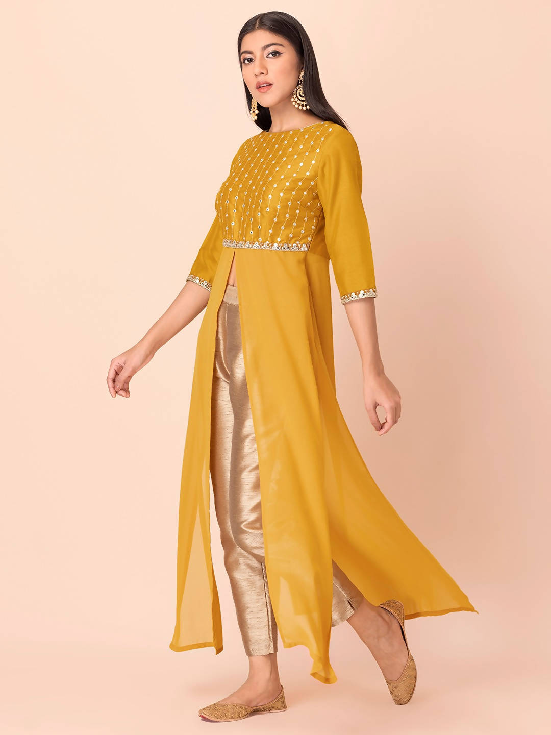 Indya Mustard Yellow Yoke Design Gotta Patti High Slit Kurta - Distacart