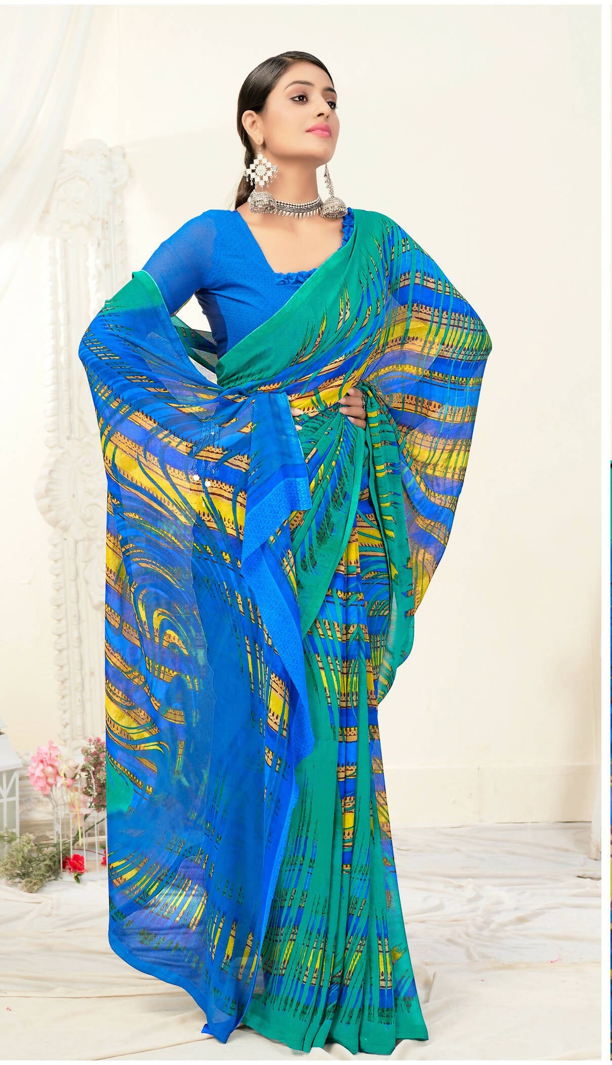 Green Georgette Texture Printed Saree With Unstitched Blouse Piece - Jyoti - Distacart