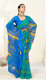 Thumbnail for Green Georgette Texture Printed Saree With Unstitched Blouse Piece - Jyoti - Distacart