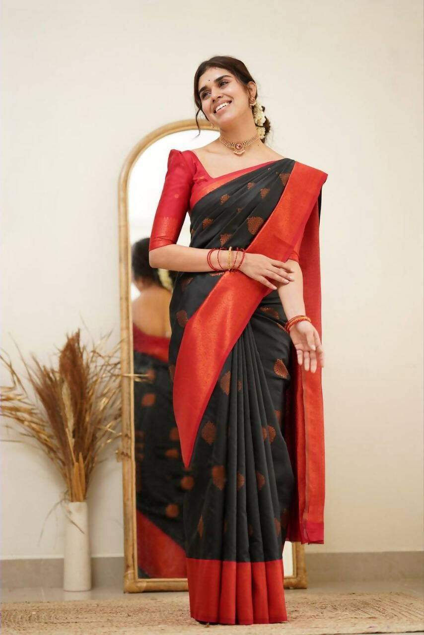 DEIANA'S Beautiful Golden Jari with New Design Soft Lichi Silk Saree - Black - Distacart