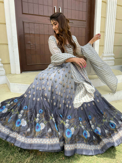 Partywear Designer Gray Chanderi Suit - Anbazaar - Distacart