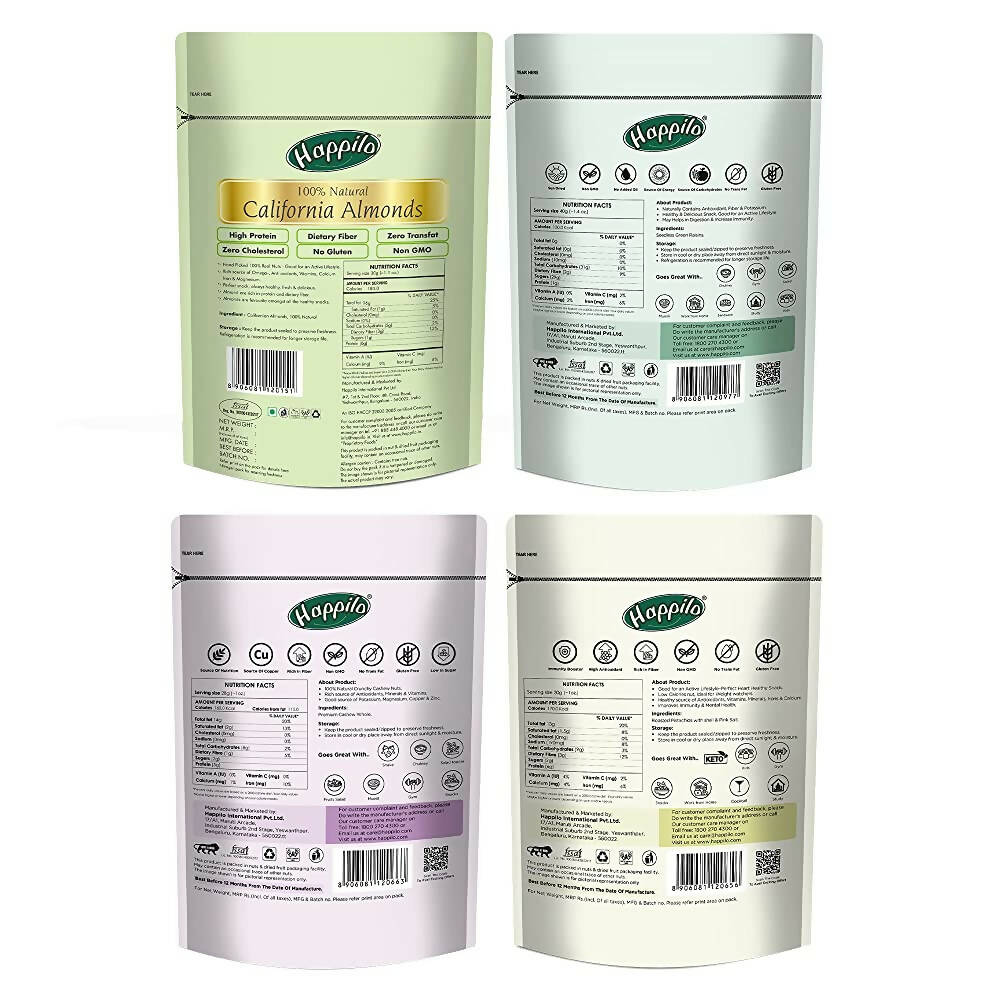 Happilo Premium Dry Fruits Combo (California Almonds, Raisins, Whole Cashews, Roasted Pistachios) - Distacart