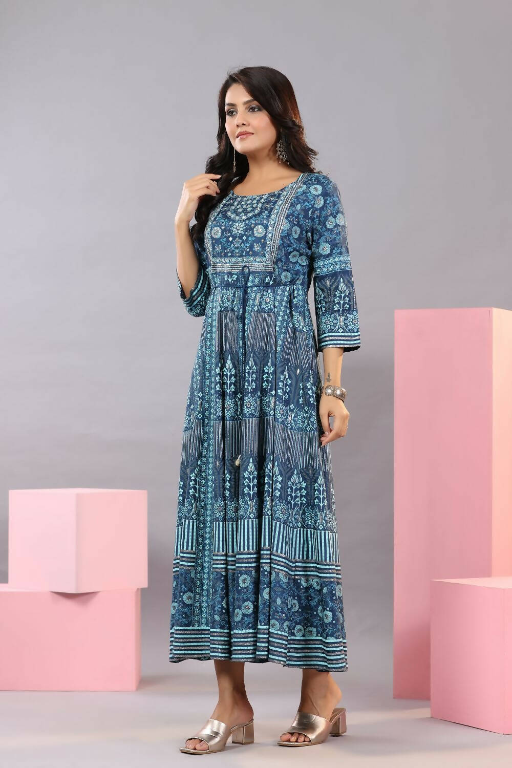 Juniper Women Blue Shantoon Floral Printed Maxi Dress - Distacart