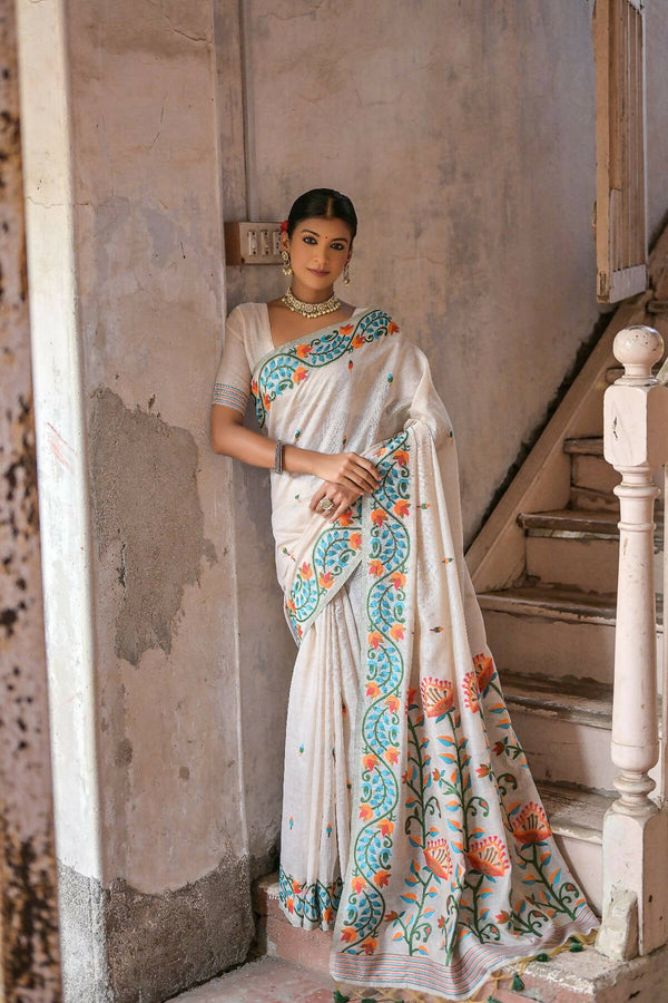 Vishnu Weaves Women's Green Muga Cotton Woven Saree with Blouse - Distacart