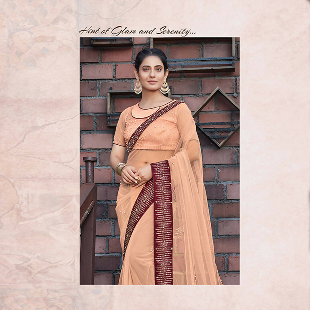 Peach Colored Net Embroidered Saree With Blouse - Norita Royal Adveka - Distacart