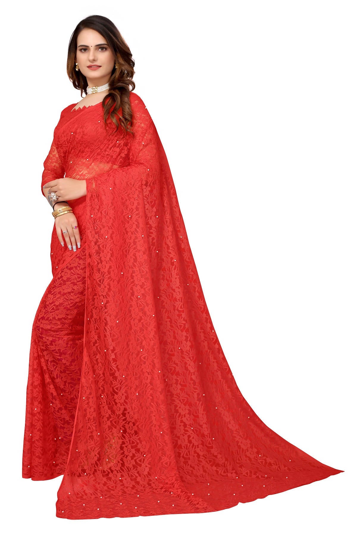 Vamika Ethnic Fire Red Pearls Net Saree - Distacart