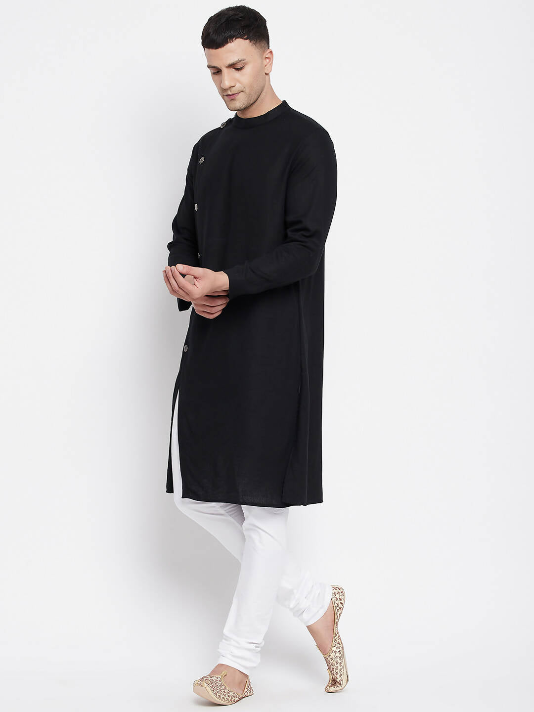 Even Apparels Black Pure Cotton Men's Sherwani Kurta With Asymetrical Cut - Distacart
