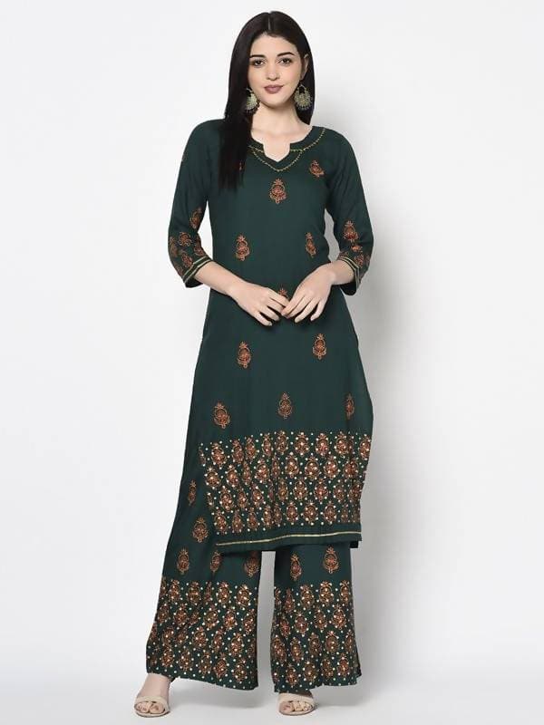 Aniyah Rayon Bottle Green Color Block Print Straight Kurta Palazzo Set (AN-217K)