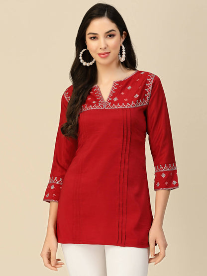 Red Chinon Floral Embroidered Top - Zeny - Distacart