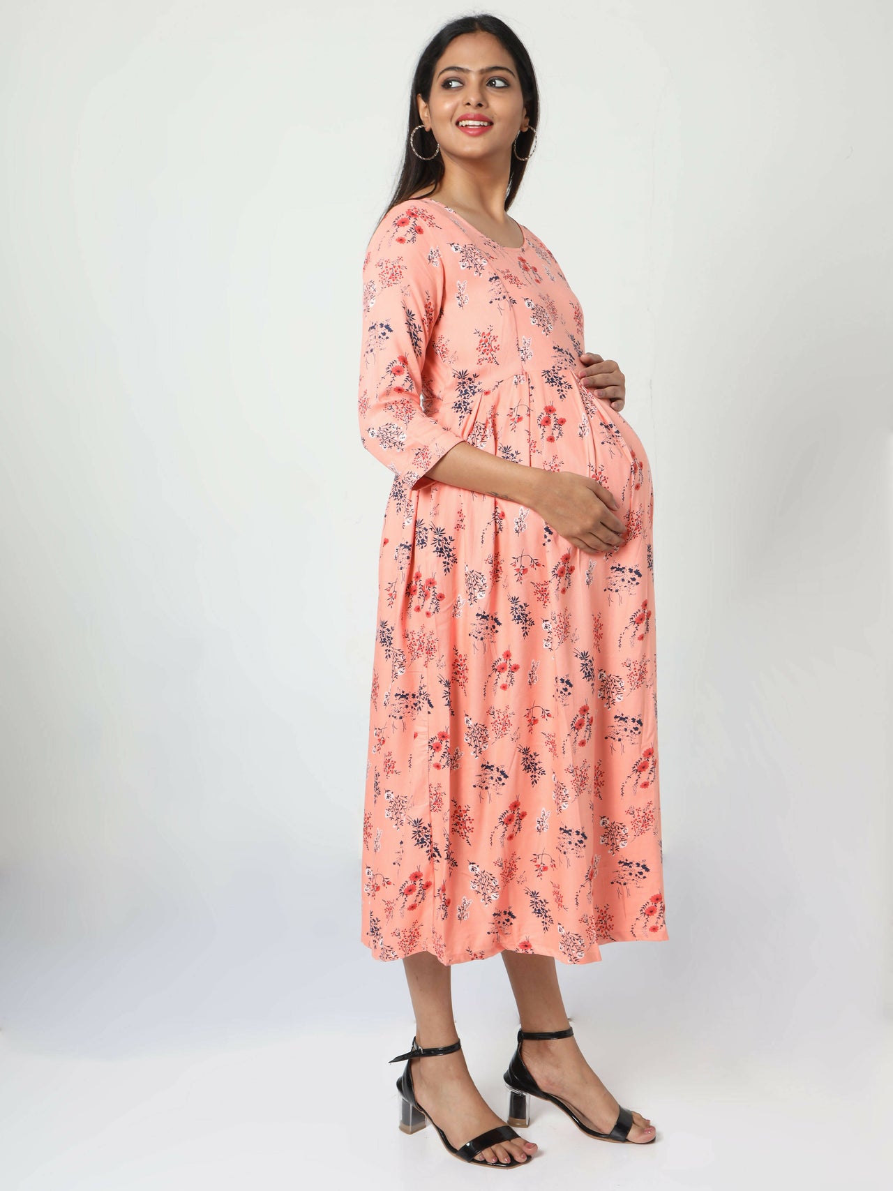Manet Three Fourth Maternity Dress Floral Print With Concealed Zipper Nursing Access - Orange - Distacart