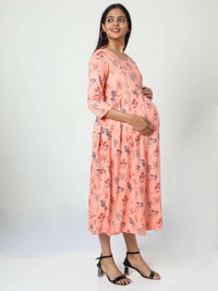 Thumbnail for Manet Three Fourth Maternity Dress Floral Print With Concealed Zipper Nursing Access - Orange - Distacart