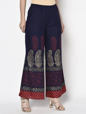 Aniyah Rayon Navy Blue Color Block Print Flared Slip-On Palazzo (AN-178K)