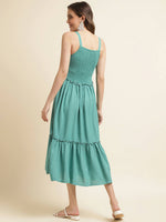 Thumbnail for Light Blue Cotton Solid Flared Dress with Printed Shrug - Yukti - Distacart