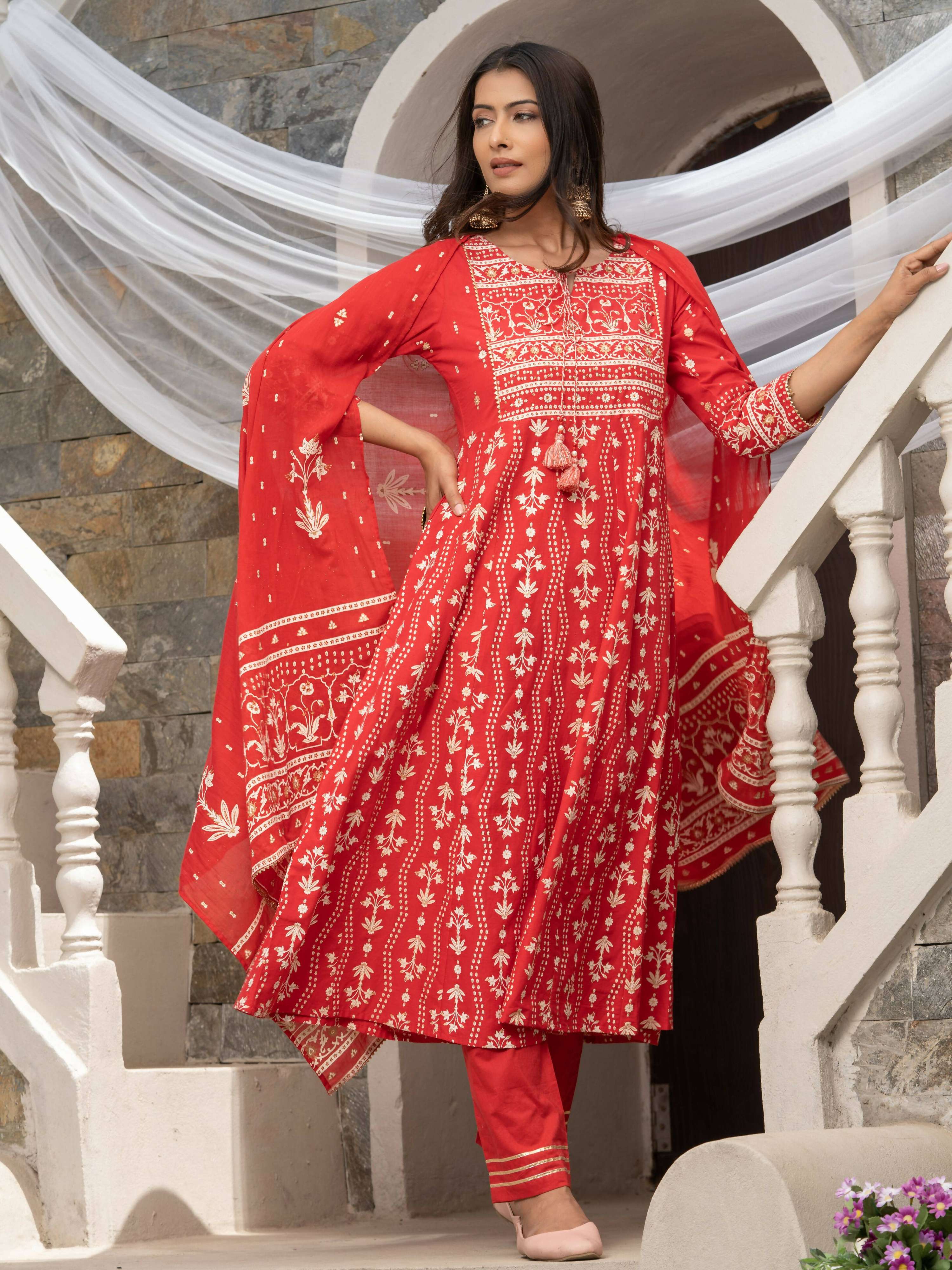 Red Cotton Cambric Printed with Sequins work Anarkali Kurta with Pant & Dupatta - Akashara - Distacart