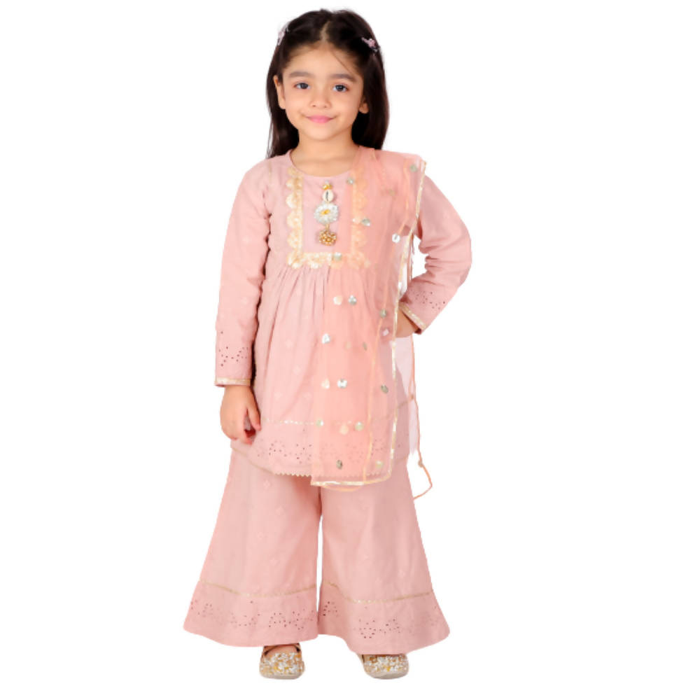 Little Bansi Brown Tussel work Schiffli Kurta Frock with Plazzo and Dupatta