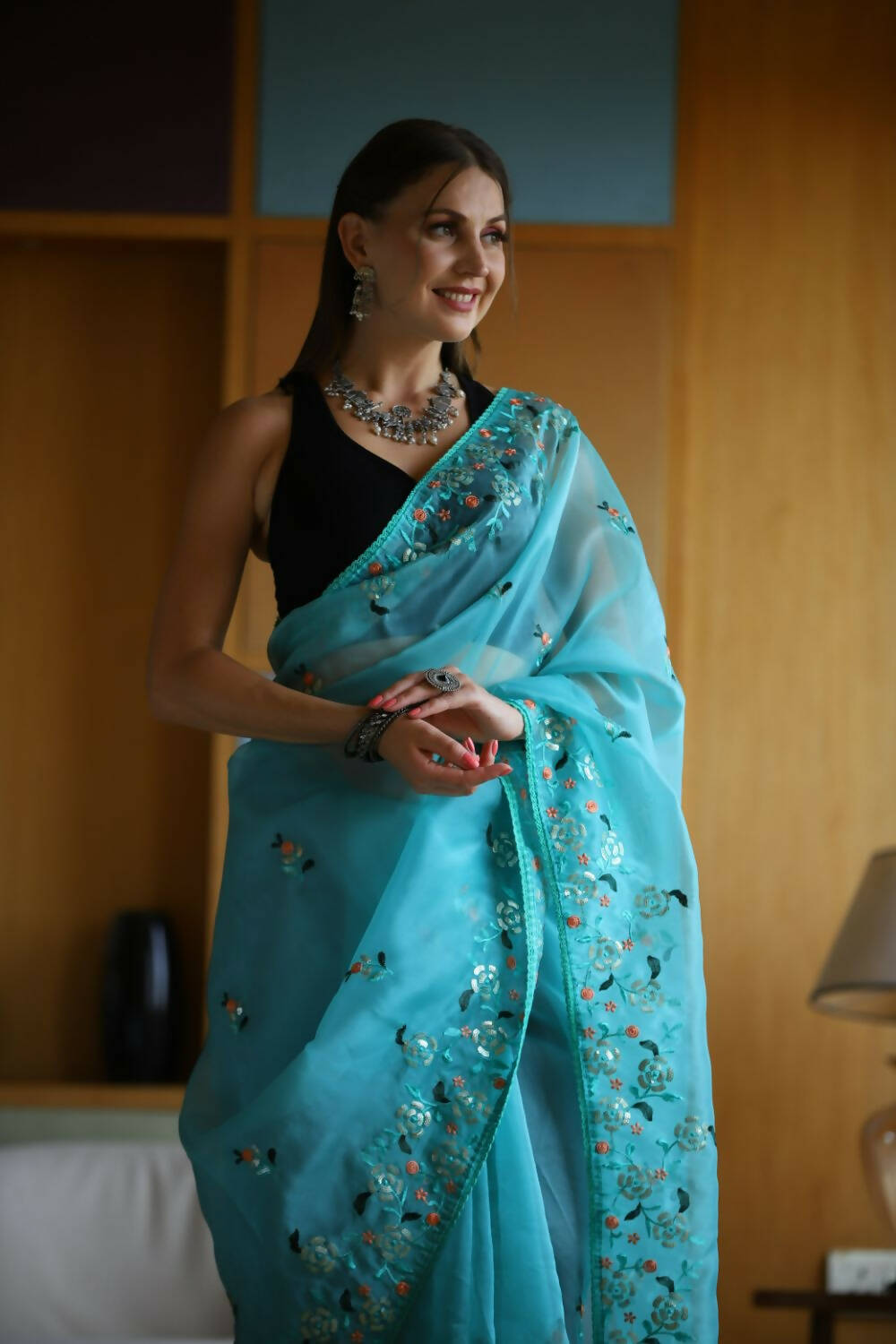 Vamsee Sky Organza Saree - Distacart