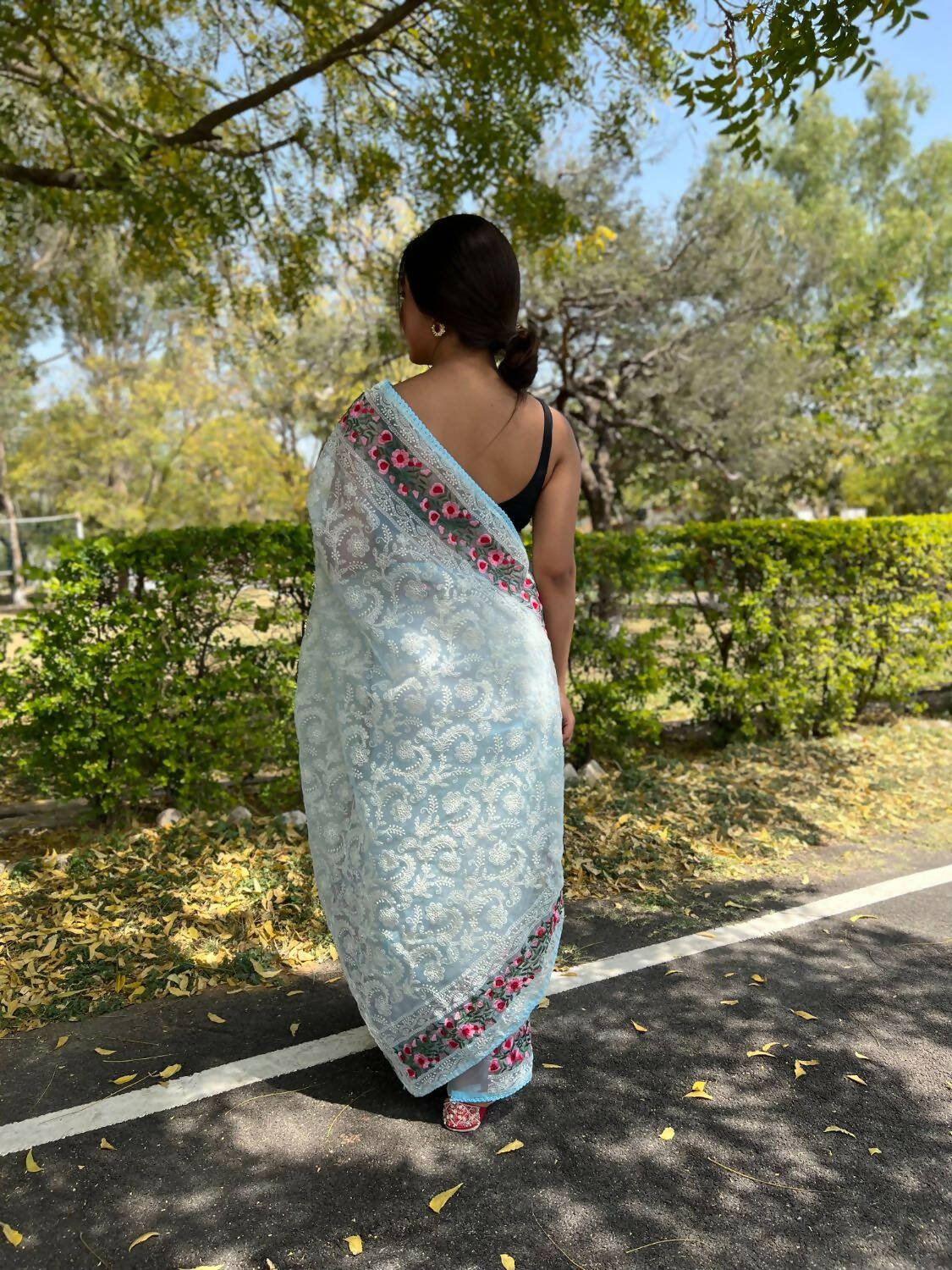 Vamsee Sky Blue Organza Saree - Distacart