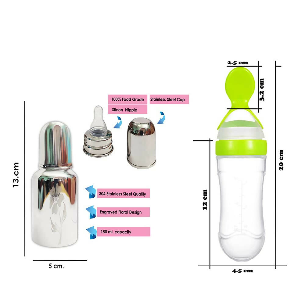 Goodmunchkins Stainless Steel Feeding Bottle & Spoon Food Feeder Anti Colic Silicone Nipple Combo-(Green,150ml) - Distacart