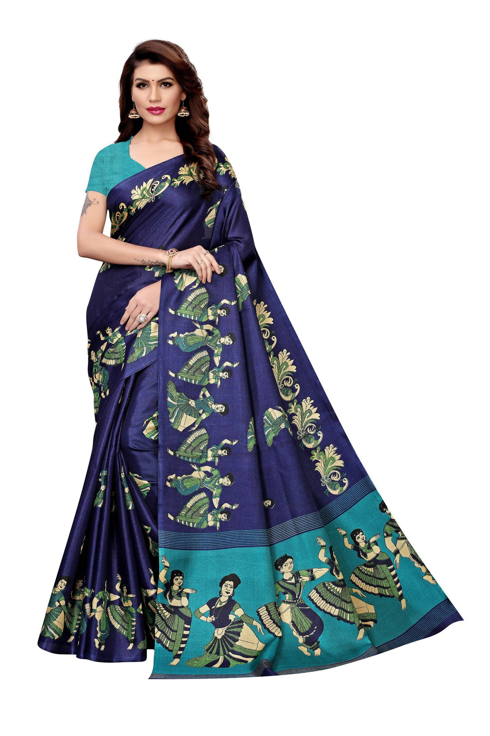Vamika Navy Blue & Sky Blue Kalamkari With Jhalar Khadi Silk Saree - Distacart