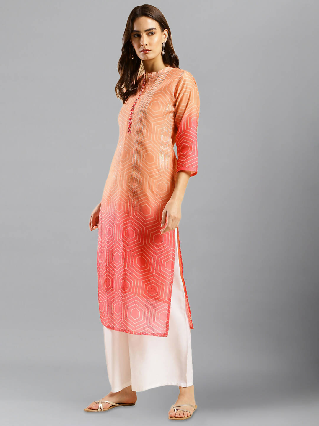Peach Chinon Digital Printed With Hand Work Kurta - Himanshi - Distacart