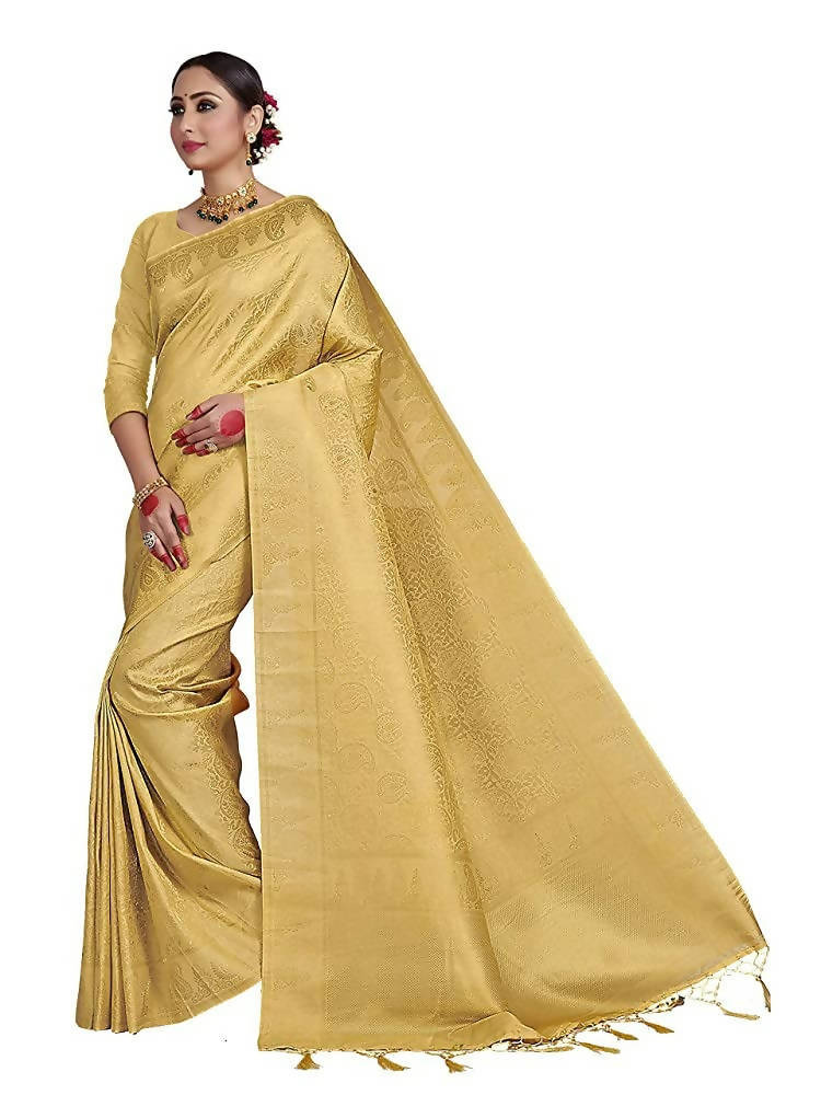 Vardha Women's Beige Color Kanchipuram Raw Silk Saree with Unstitched Blouse Piece