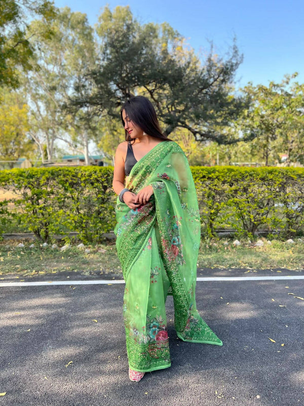 Vastrasky Green Organza Saree - Distacart