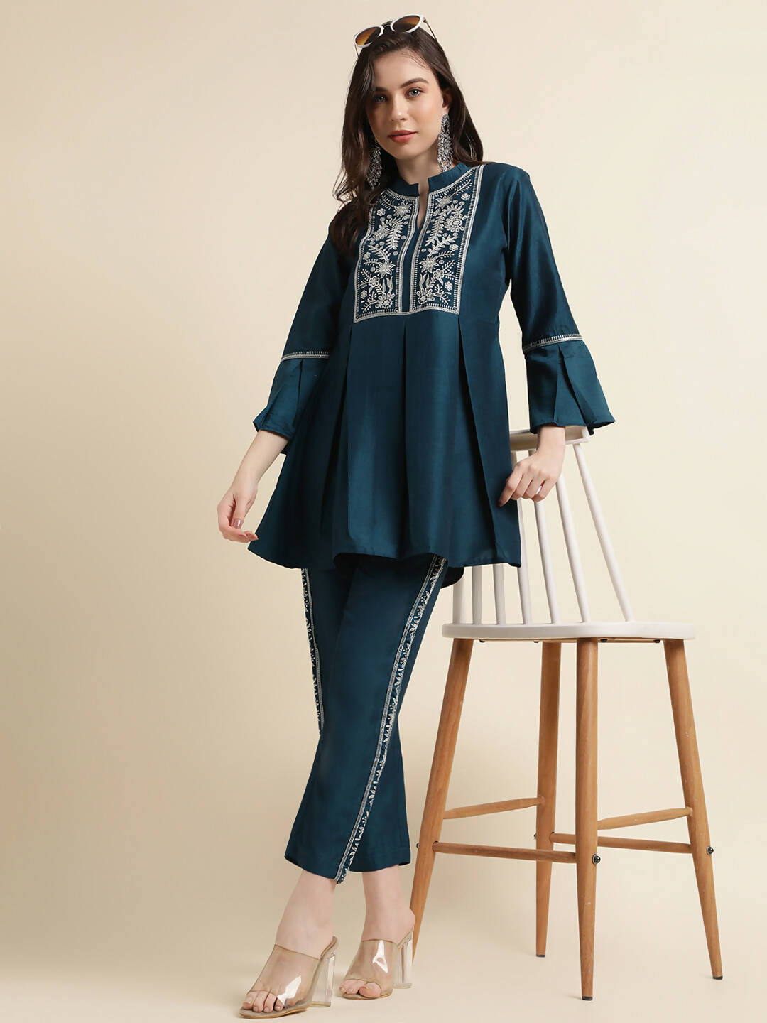 Teal Chinon Floral Embroidered Top with Bottom - Maanushi - Distacart