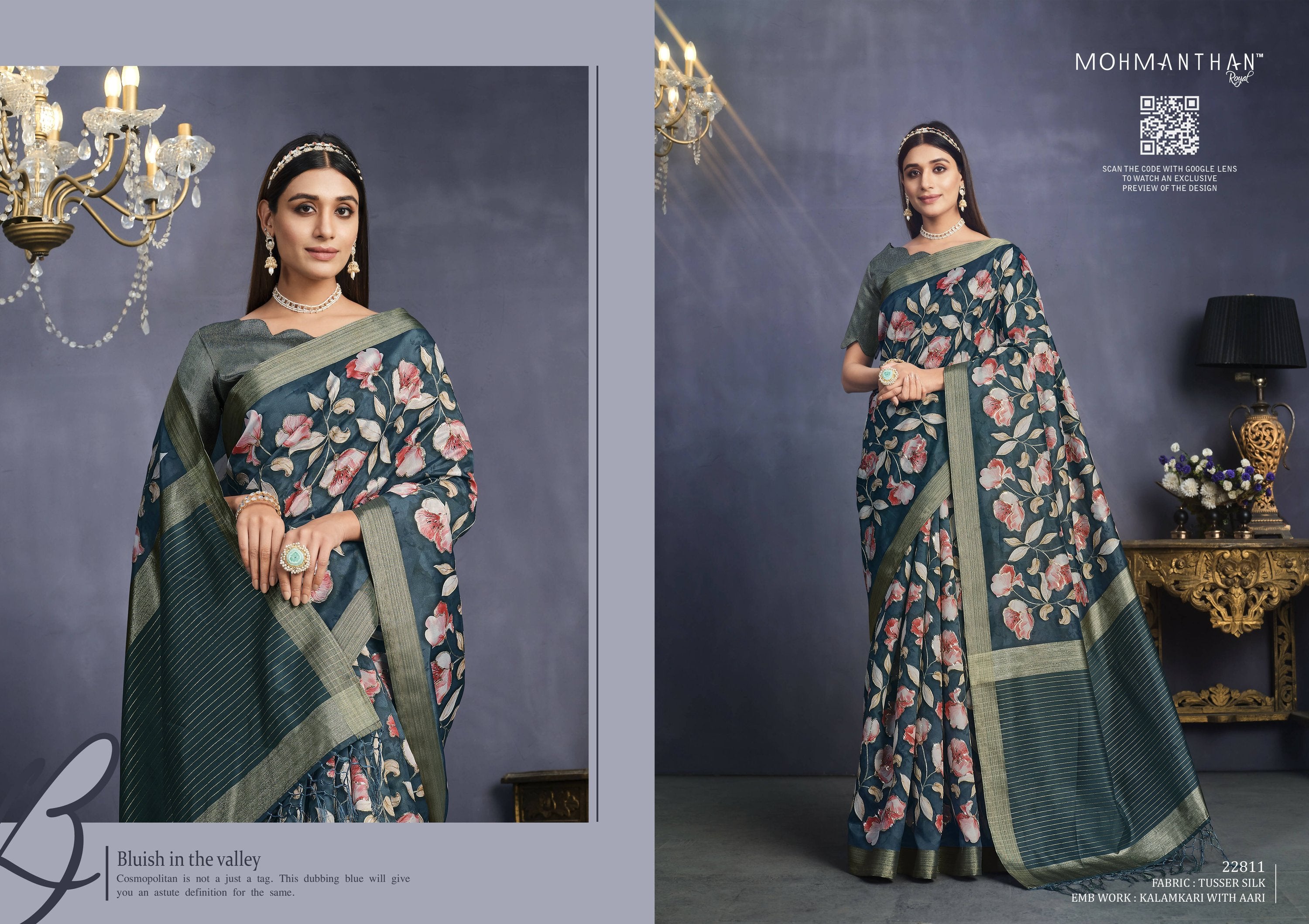 Teal Tusser Silk Floral Printed With Sequence Embroidered Saree With Unstitched Blouse - Mohmanthan Aahana - Distacart