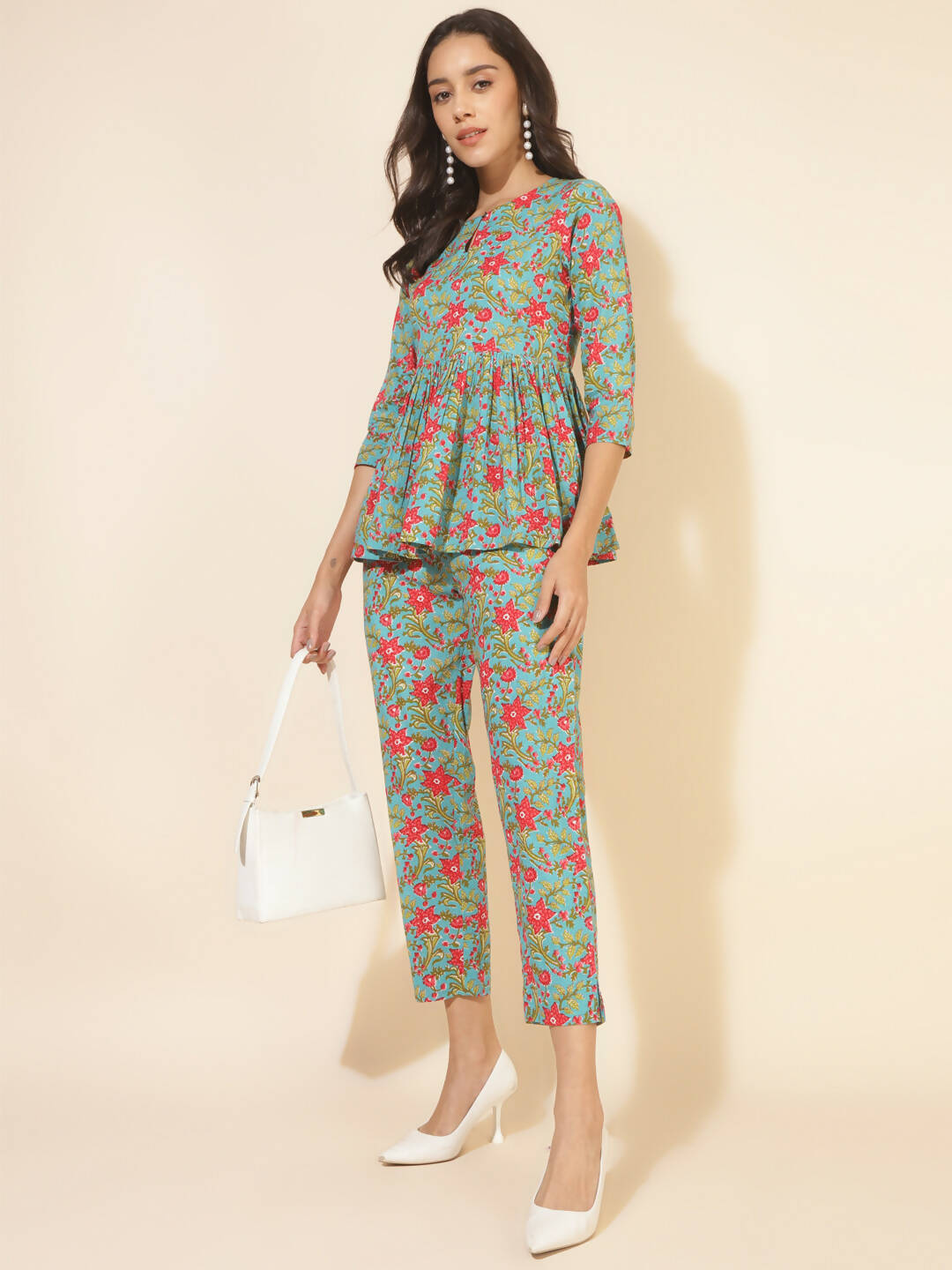 Janasya Women's Blue Cotton Printed Casual Peplum Co-ords - Distacart