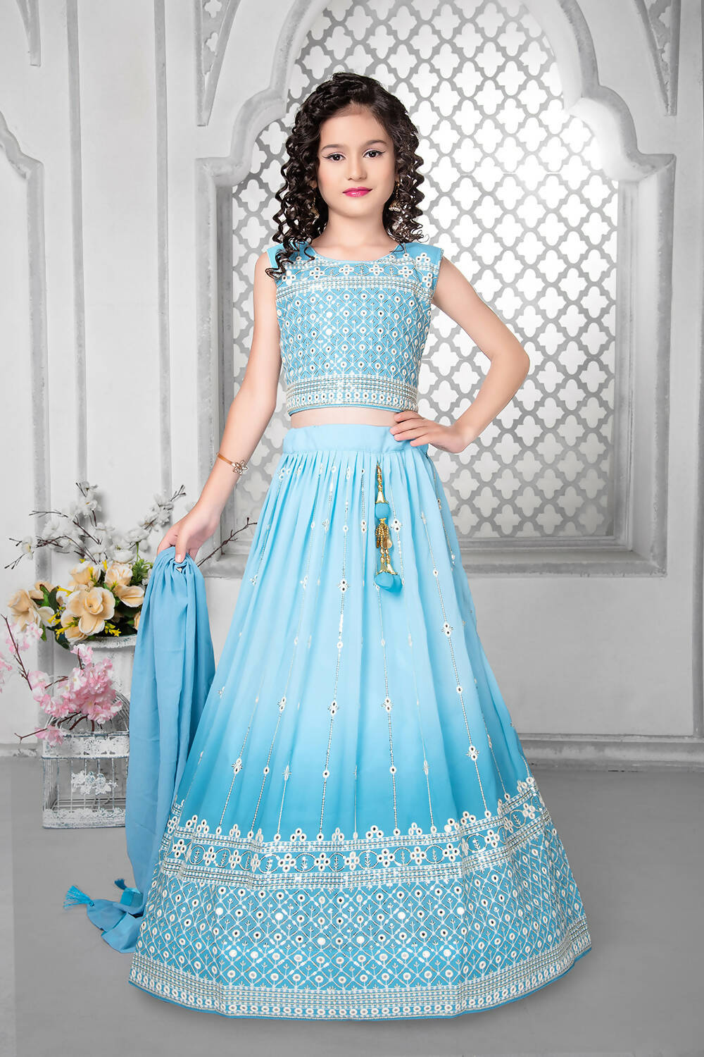 Kids Wedding Designer Sky Fox Georgette Lehenga Choli - Aaradhna - Distacart