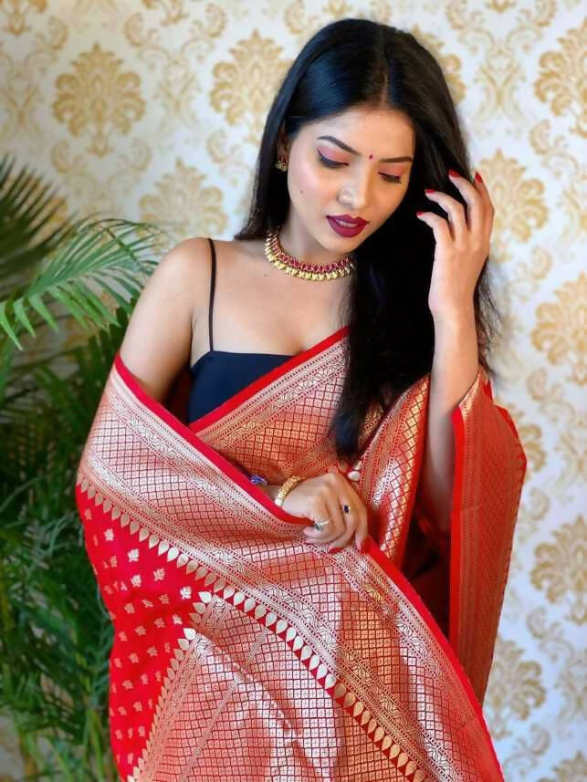 DEIANA'S Beautiful Golden Jari with New Design Soft Lichi Silk Saree - Red - Distacart