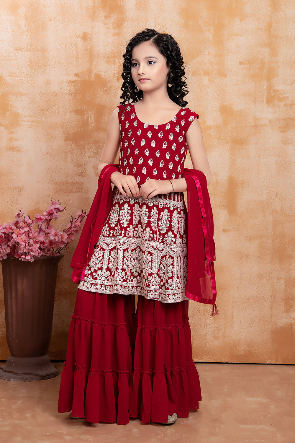 Kids Wedding Designer Maroon Faux Georgette Fabric Sharara Suit - Aaradhna - Distacart