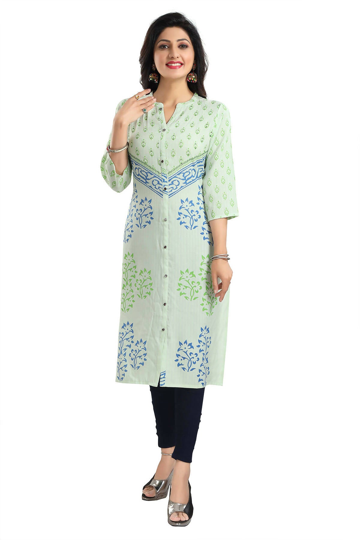 Snehal Creations Green Rayon Textured Print Long Kurta For Women - Distacart