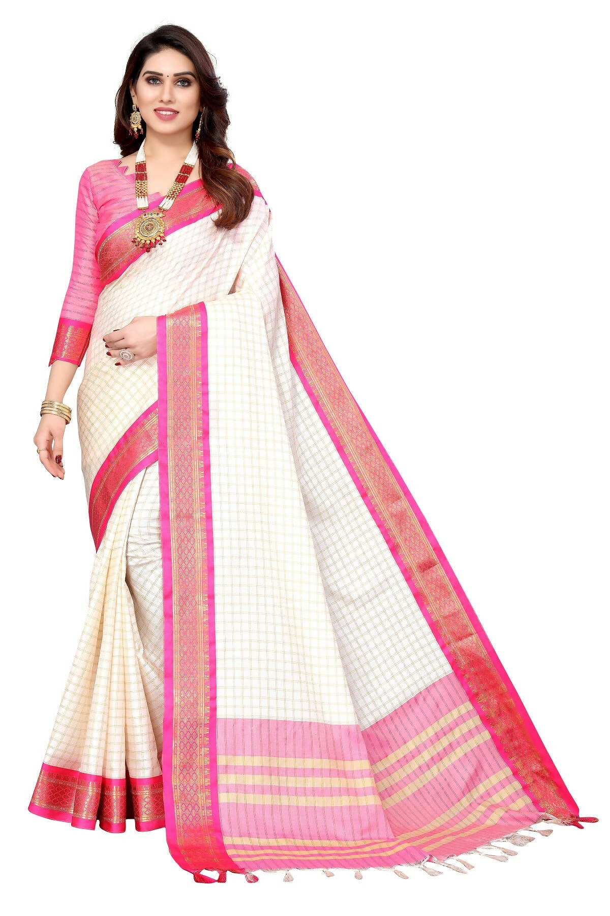 Vamika Weaving White Cotton Silk Saree (DEVAL PINK) - Distacart
