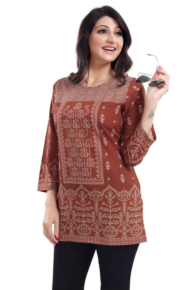 Snehal Creations Rust Faux Crepe Short Kurti Tunic Top
