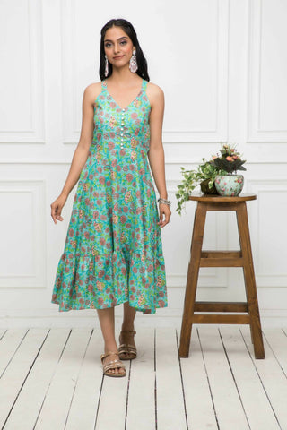 Myshka Women Green Floral Cotton A-Line Round Neck Long Dress - Distacart