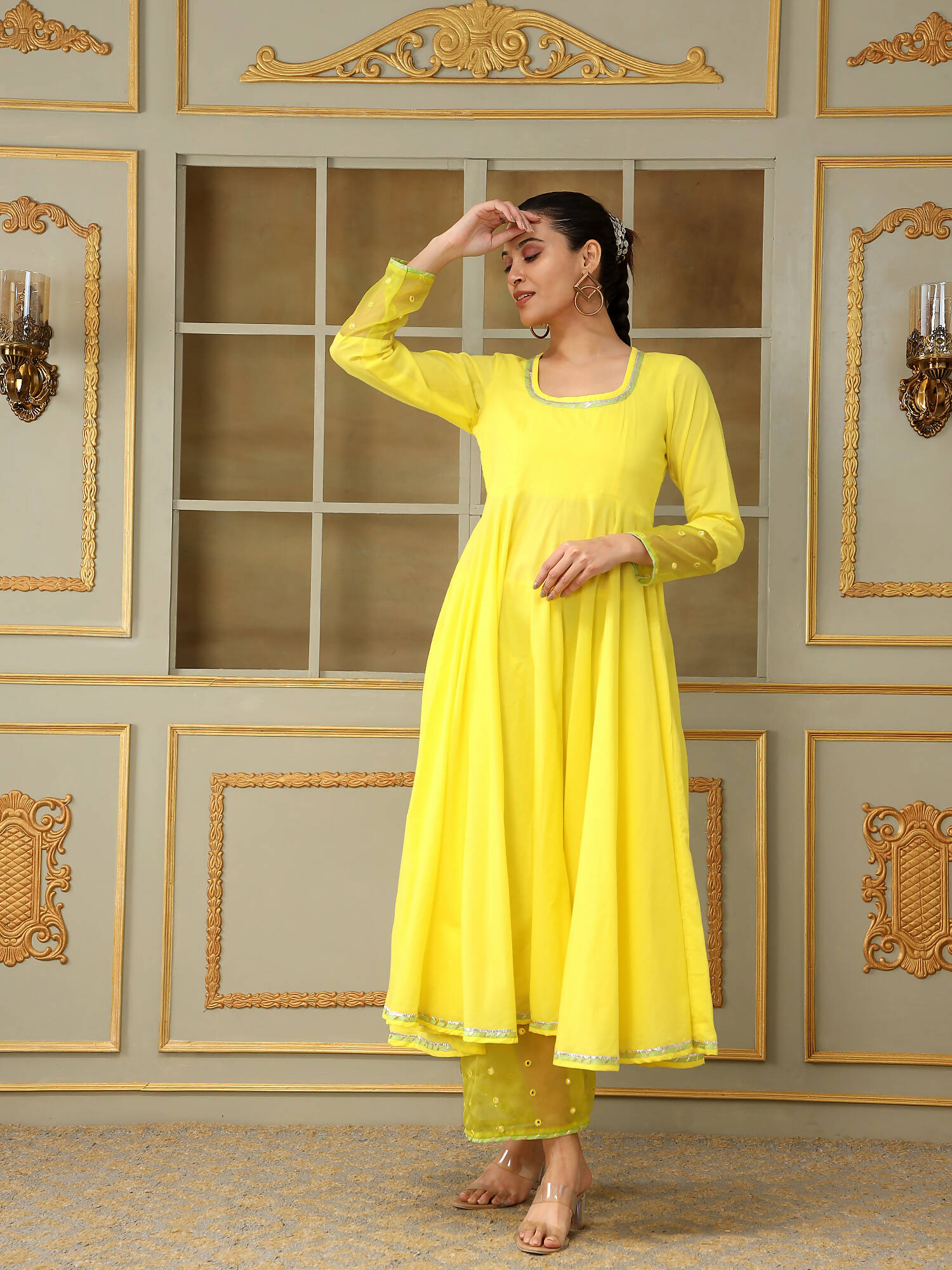 Pomcha Jaipur Yellow Saadgi Yellow Mirror Work Anarkali Set - Distacart