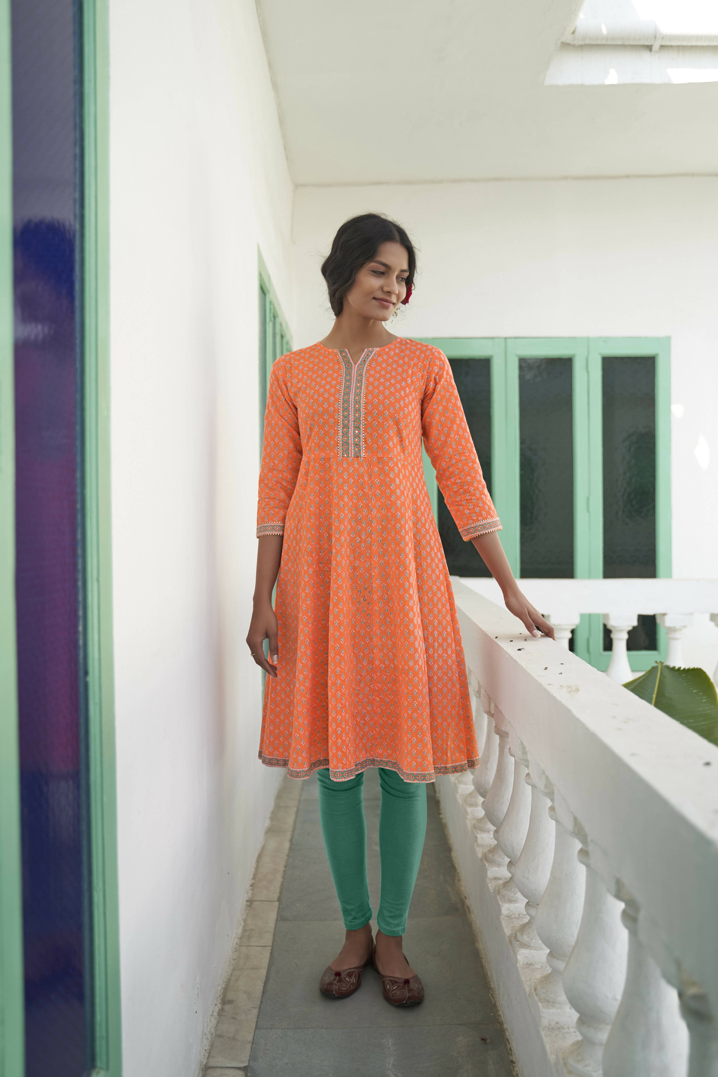 Orange Cotton Floral Printed A line Kurta - Prasuti - Distacart