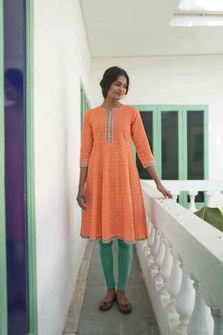 Orange Cotton Floral Printed A line Kurta - Prasuti - Distacart