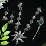 Thumbnail for Mominos Fashion Johar Kamal Oxidised Silver-Plated Brass Finish Peacock Design Long Necklace Set For Women - Distacart
