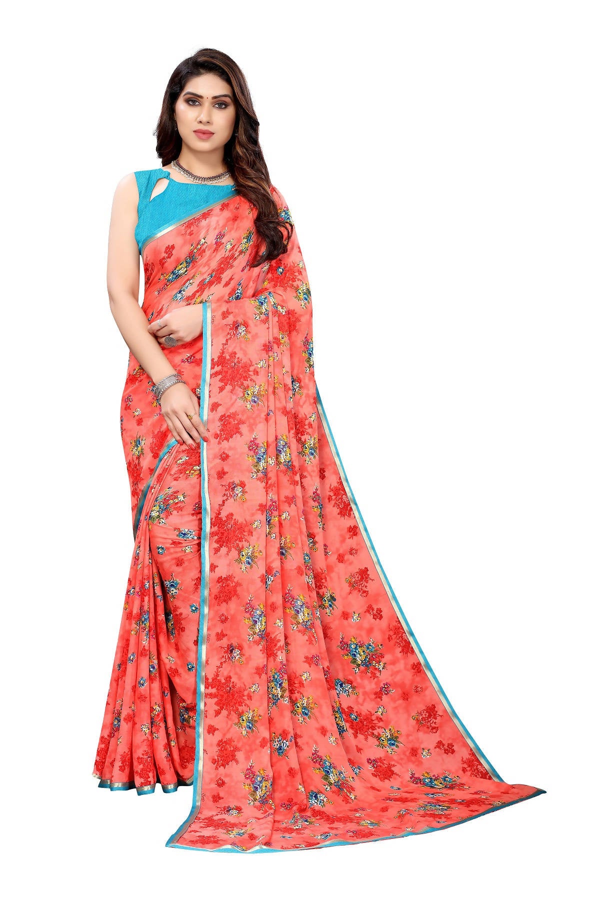 Vamika Beautiful Ethnic Fire Pink Printed With Lace Saree - Distacart