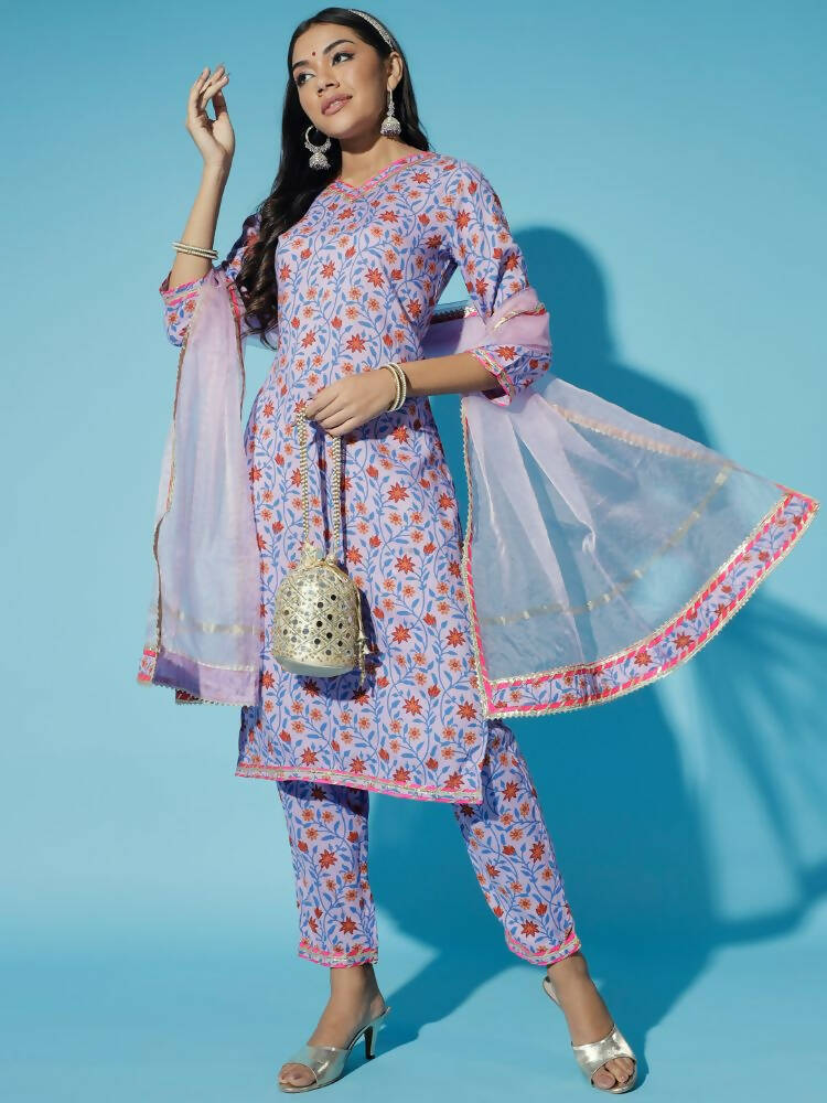 Myshka Women Lavender Printed Kurta & Trousers With Dupatta - Distacart